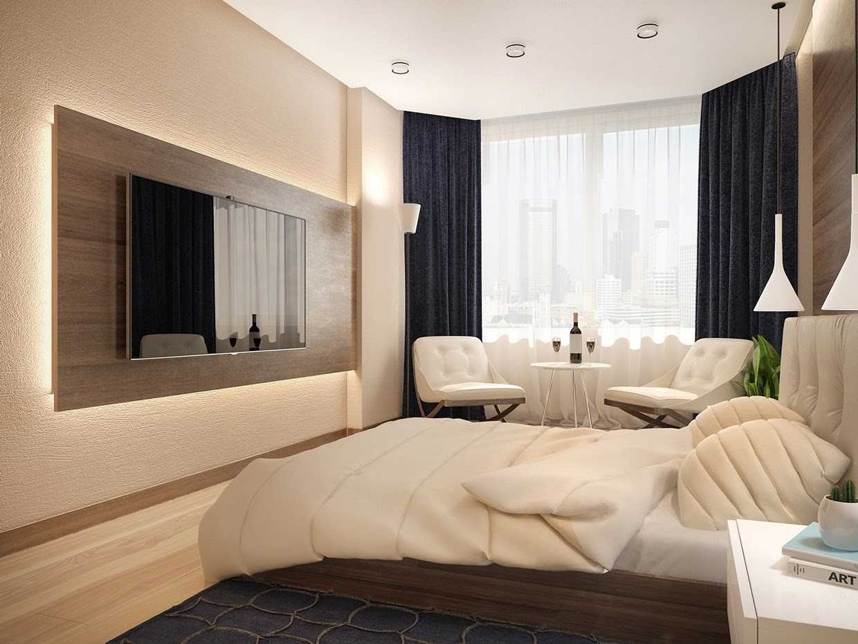 Спальня с гардеробной небольшого размера: угловая планировка в современном стиле
 - 26 фото