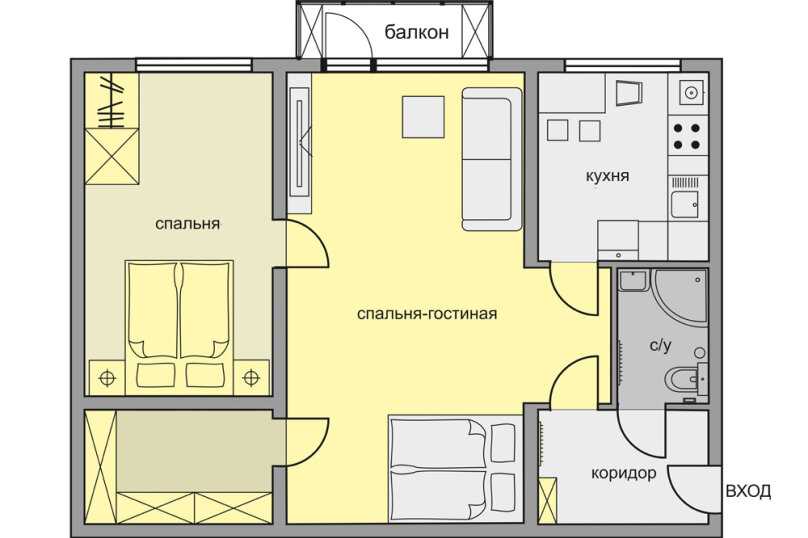 Хрущевки 2 комнаты перепланировка  особенности и тонкости, популярные примеры для помещений разной площади Варианты расположения комнат в квартире трамвай, распашонка, книжка Способы визуального увеличения пространства с помощью зонирования