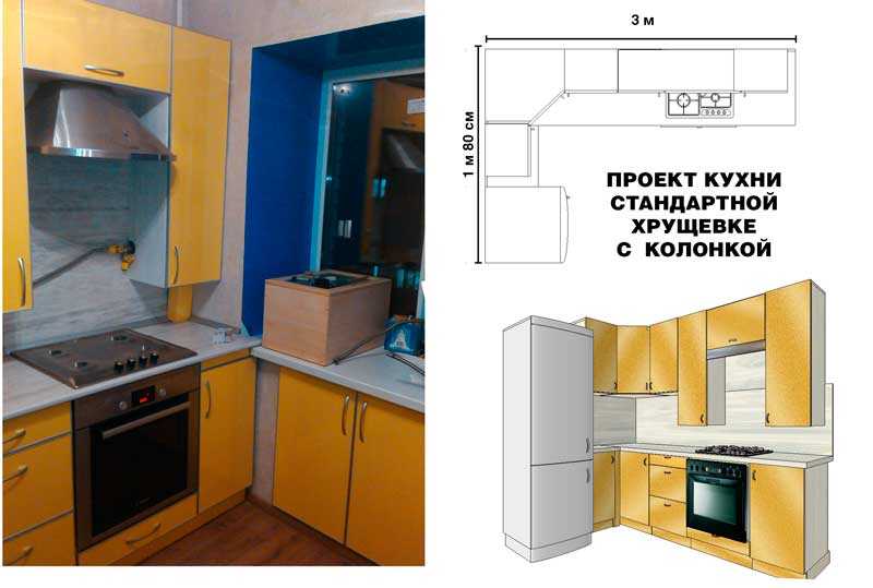 Дизайн кухни в хрущевке с газовой колонкой и холодильником: 20 фото маленькой кухни 5-7 кв.м