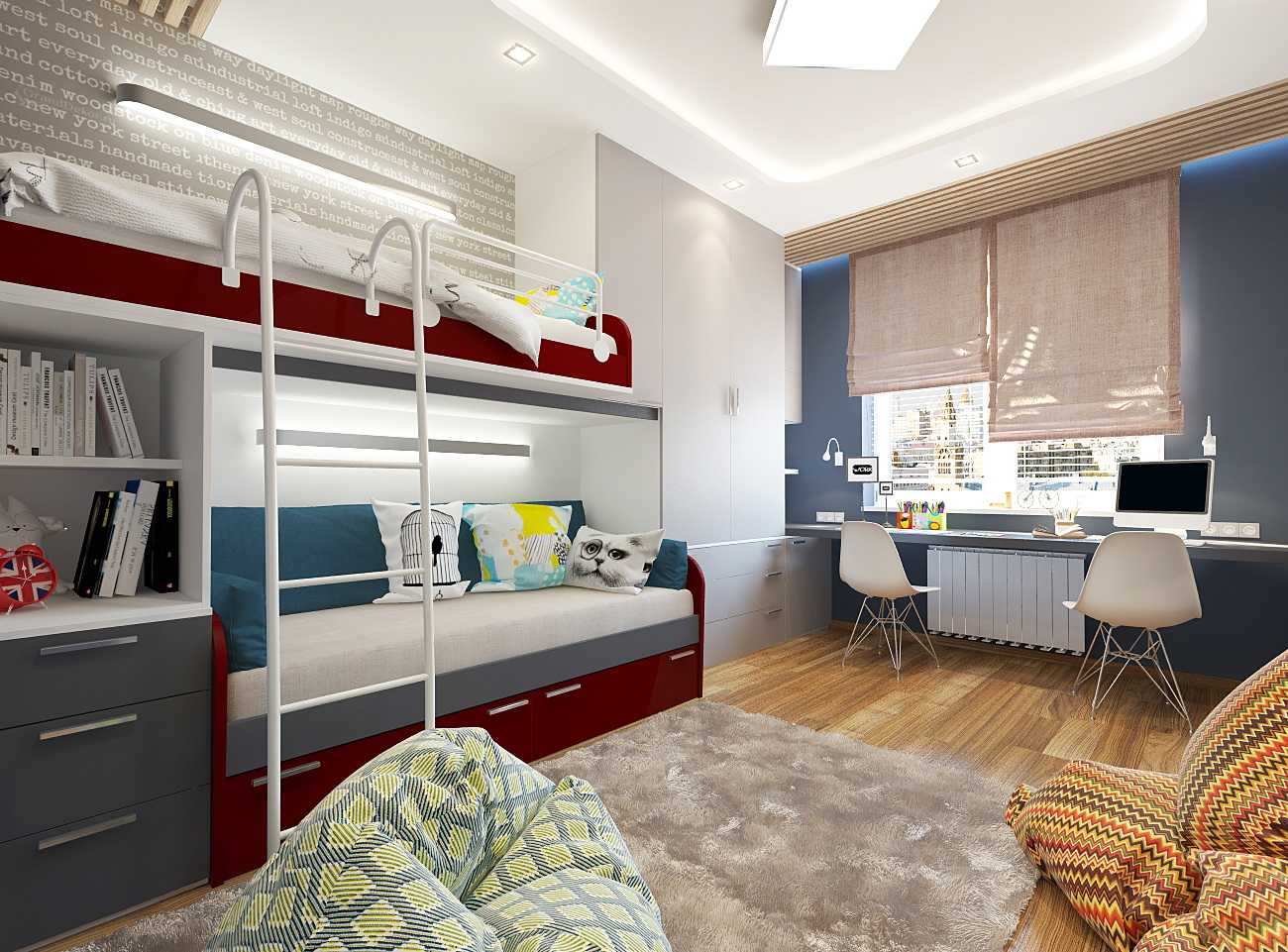 Комната для двух мальчиков разного возраста: дизайн для школьников и подроствов с двумя кроватями, бюджетный интерьер
 - 41 фото
