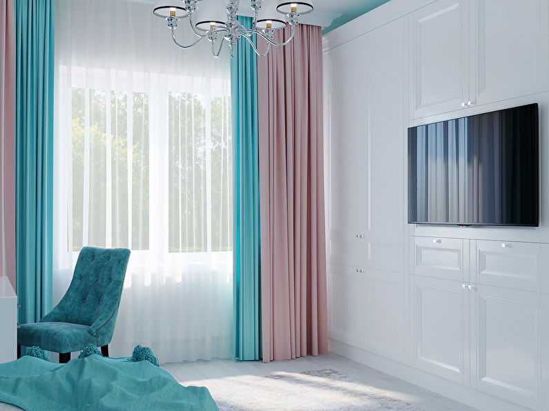 Бирюзовые шторы в интерьере комнат: 65 лучших фото и идей