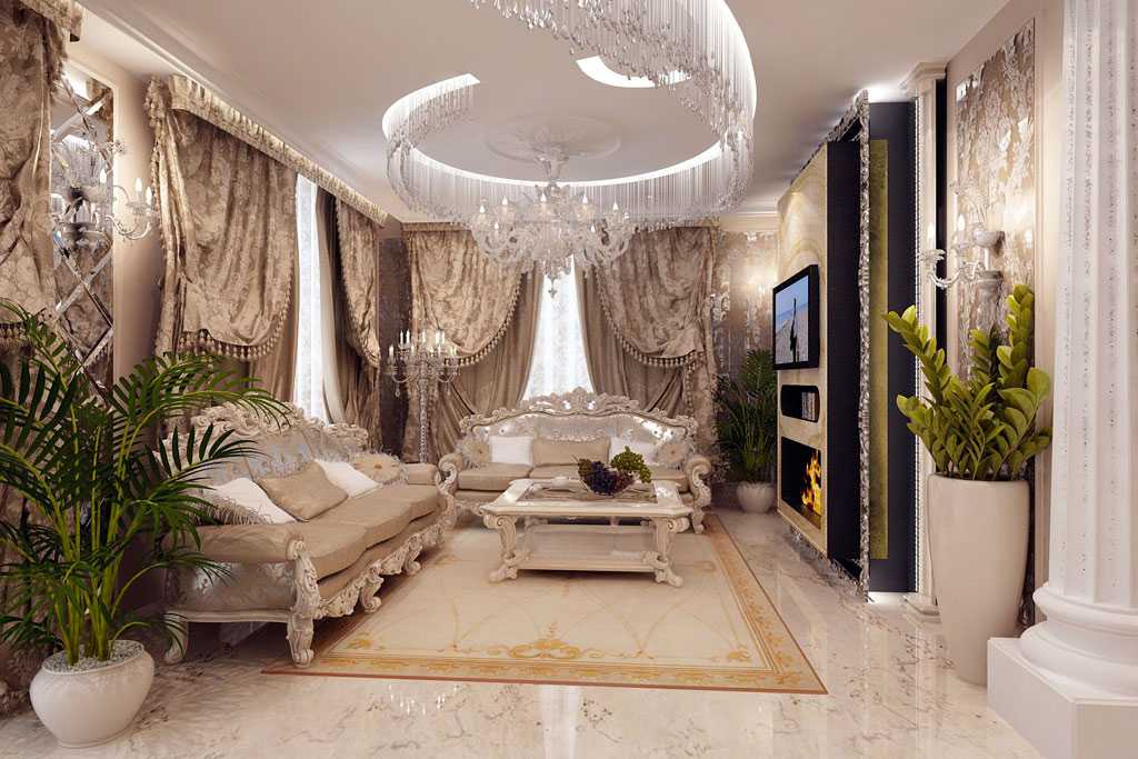 Гостиная в стиле барокко 2021 в квартире: с камином, в светлых тонах, фото лучших новинок дизайна