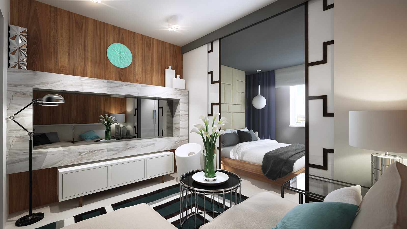 Спальня и гостиная в одной комнате: дизайн совмещенного интерьера, расстановка дивана и кровати, отделение зоны перегородкой
 - 23 фото