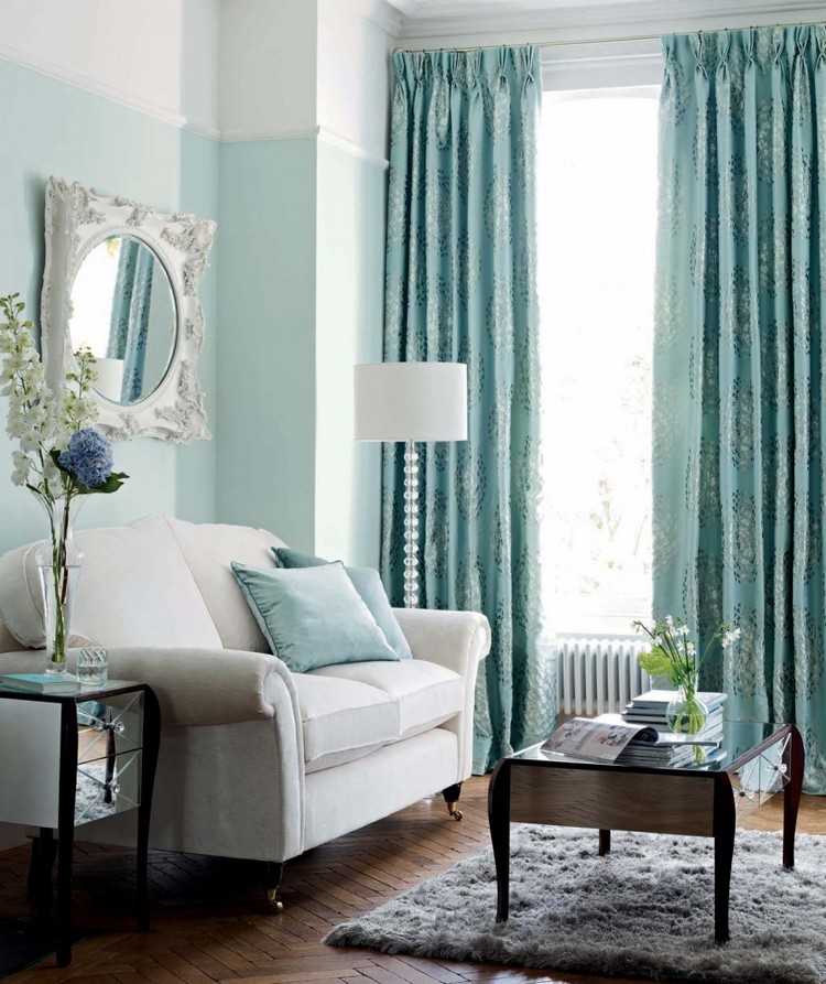 Бирюзовые шторы: гармоничные сочетания, использование портьер цвета бирюзы в интерьере гостиной, кухни и спальни