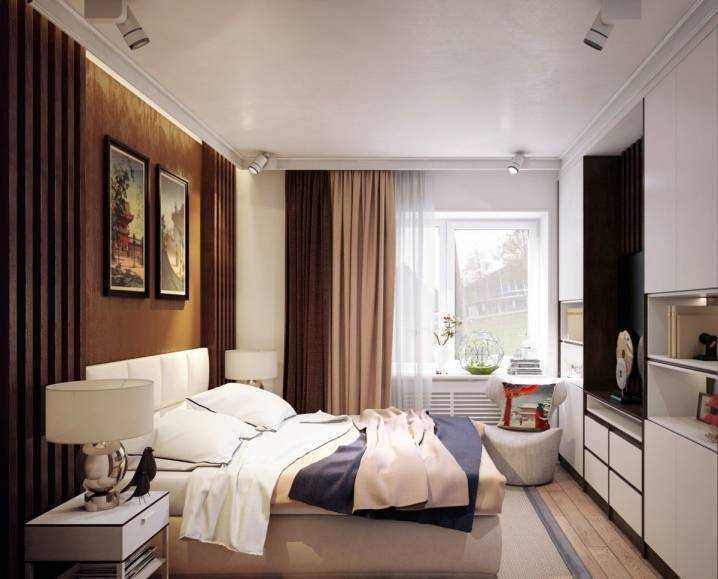 Дизайн прямоугольной гостиной комнаты 17 кв м, спальни с гардеробом .