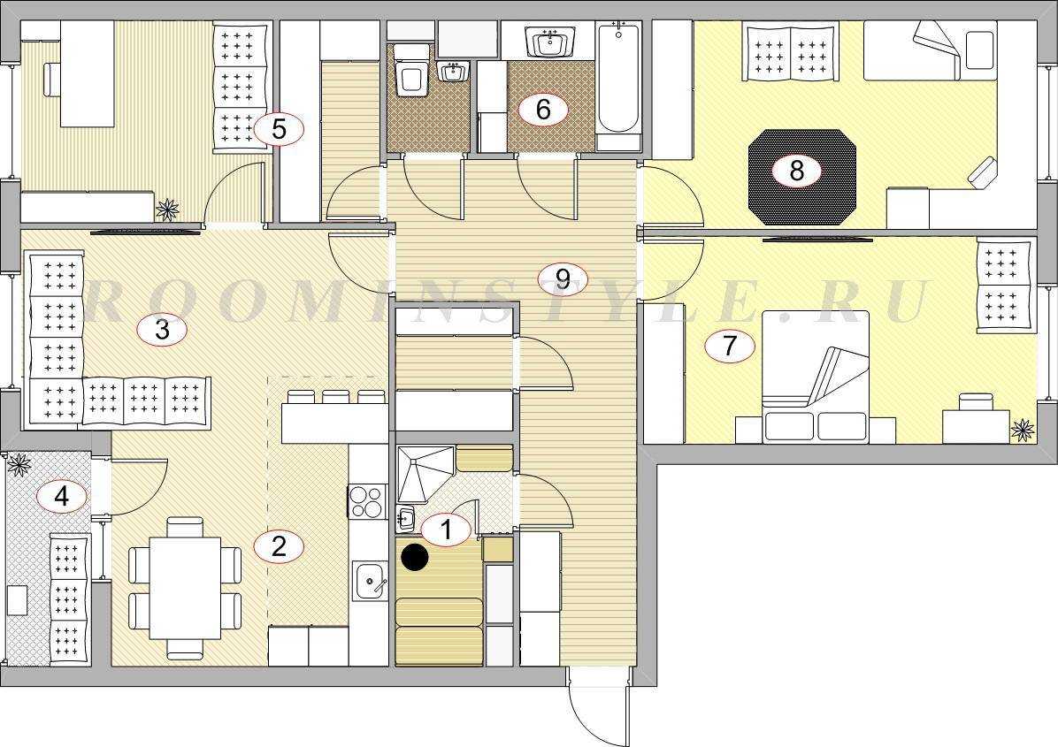 Хрущевка 4-комнатная: планировка с размерами, обстановка мебелью